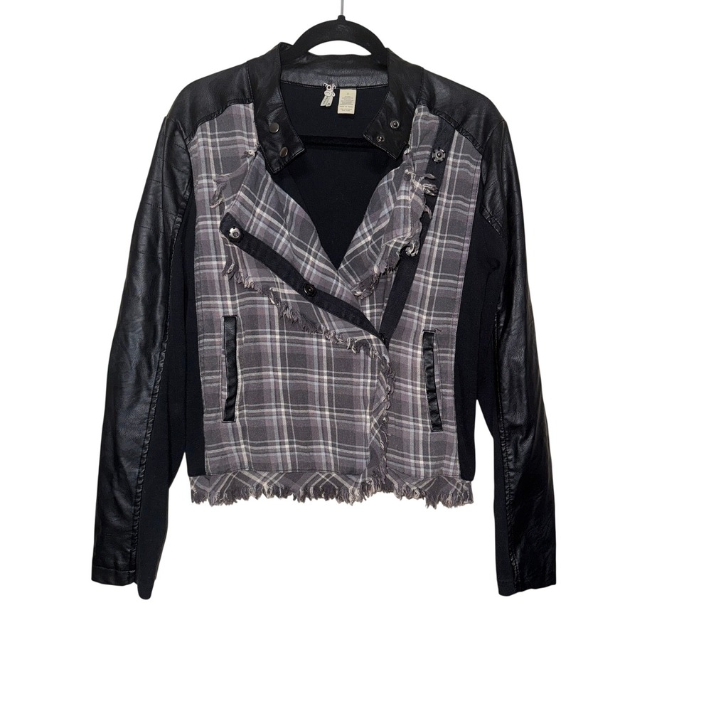 Womens Fringed Plaid‎ Moto Jacket Faux Leather Black Grey Size S